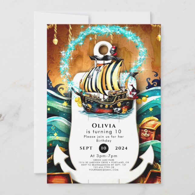 Invitation Enfants Pastel Ship Aventure Pirate Anniversaire (Devant)