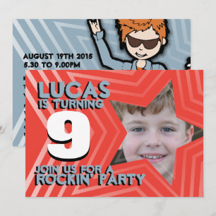Invitation Enfants photo garçons 9e anniversaire fête rouge b