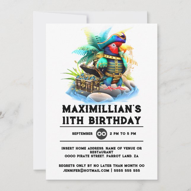 Invitation Enfants pirate fête perroquet capitaine trésor cof (Devant)