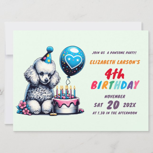Invitation Enfants Poodle coloré thème Anniversaire (Devant)