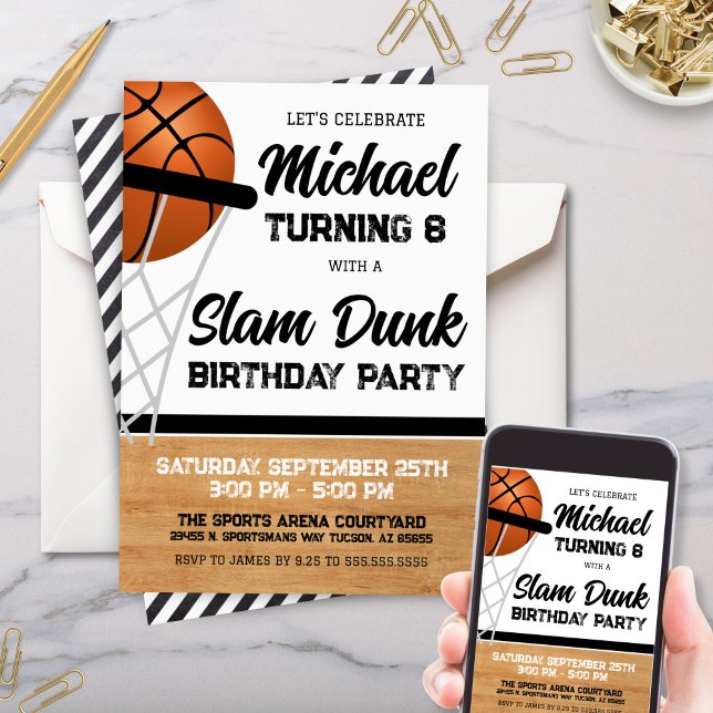 Invitation Enfants Slam Dunk Basketball fête d'anniversaire (Modern Boys Kids Slam Dunk Basteball Theme Birthday Party Invitation or watch party invites)