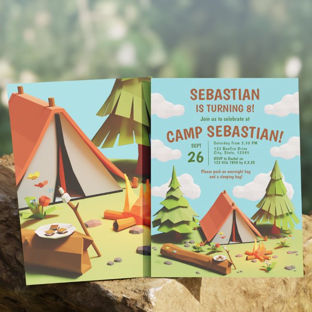 Invitation Enfants Tente Camp incendie en plein air fête d'an (Kids Tent Camp Fire Outdoors Birthday Party Invitation)