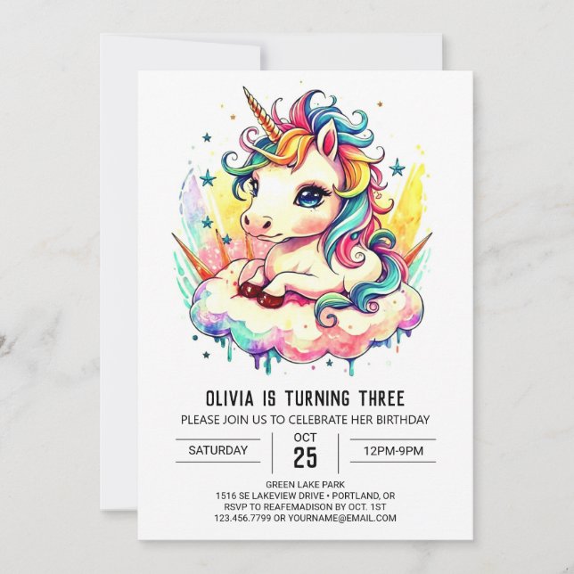 Invitation Enfants Unicorne Anniversaire Whimsy (Devant)