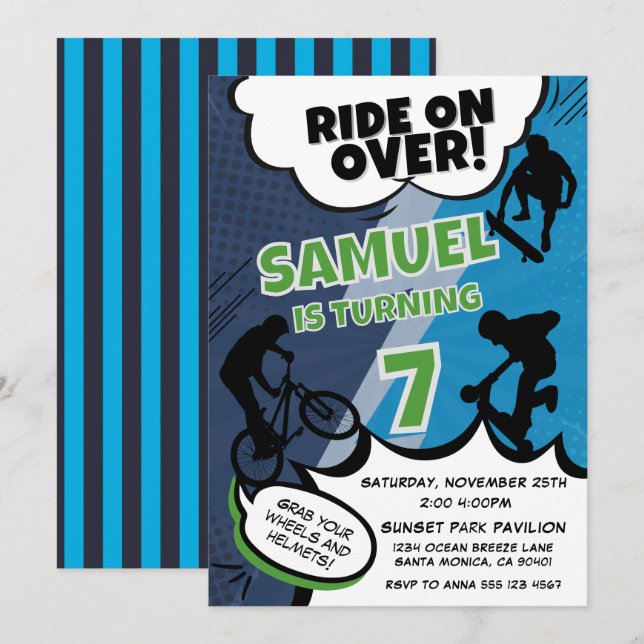 Invitation Enfants Vélo, Ski et Scooter Anniversaire (Devant / Derrière)
