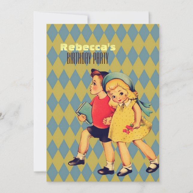 Invitation enfants vintages mignons fête d'anniversaire (Devant)