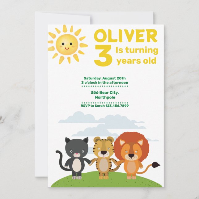 Invitation Enfants Wild Cute Animaux 3e anniversaire (Devant)