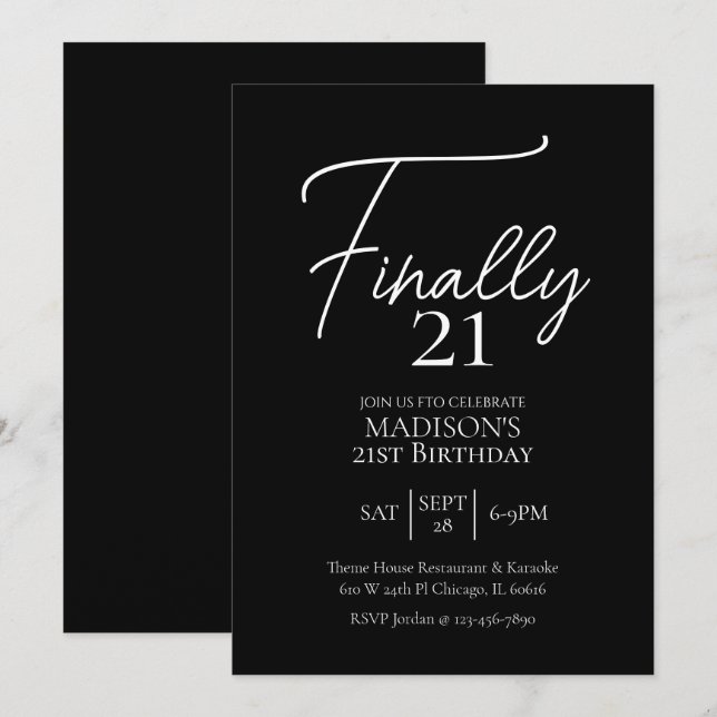Invitation Enfin 21 Noir & Blanc 21e anniversaire (Devant / Derrière)