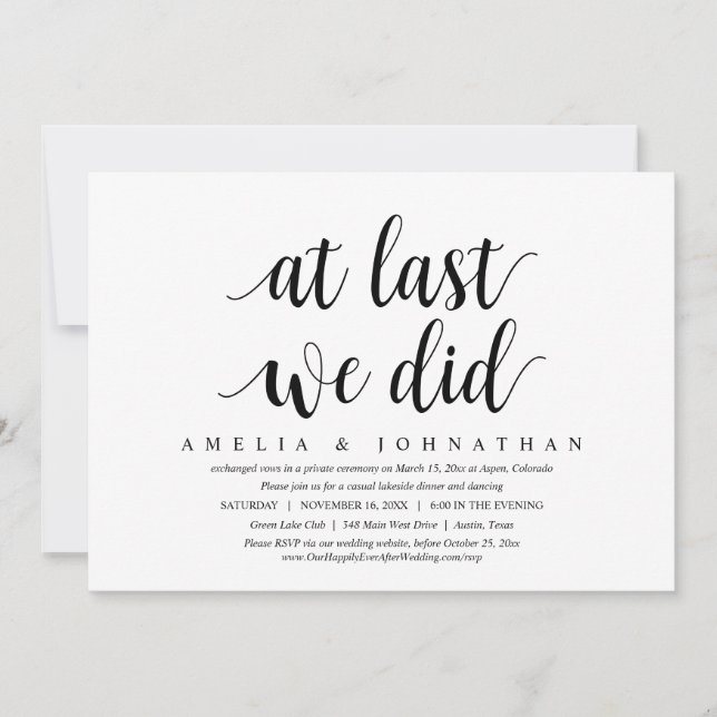 Invitation Enfin, nous l'avons fait, dîner de mariage en fuit (Devant)