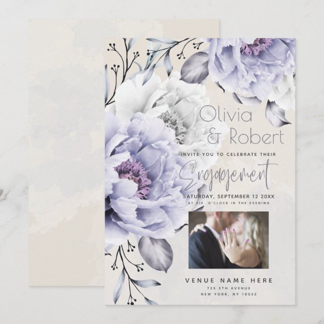 Invitation ENGAGEMENT | Lilas rustique et pivois albâtre Fleu (Devant / Derrière)