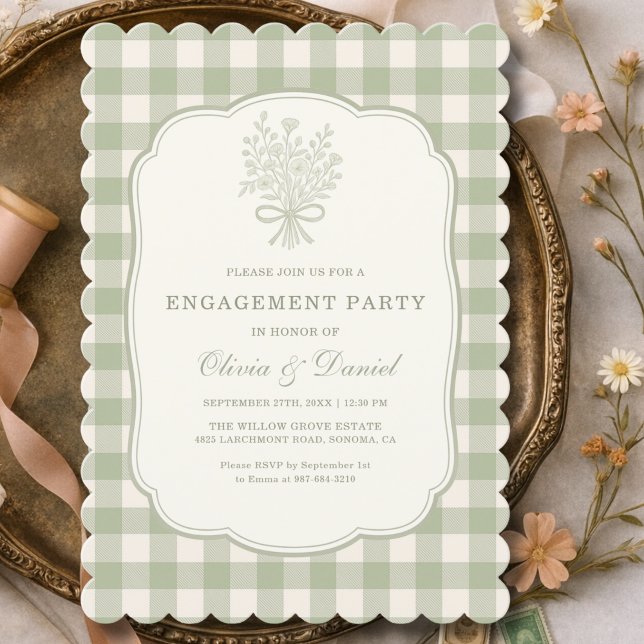 Invitation Engagement Party  Gingham Floral Sage Green (Créateur téléchargé)