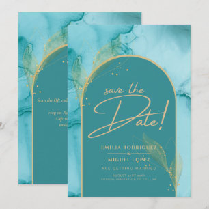 Invitation ENK Abstrait Turquoise Turquoise Gold Mariage DATE