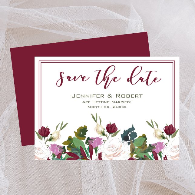 Invitation Enregistrer La Date Aquarelle Roses Blanches Cranb (Save The Date Watercolor White Roses Cranberry Invitation)