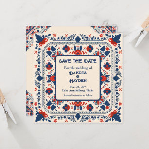 Invitation Enregistrer la date, art populaire floral, rouge b
