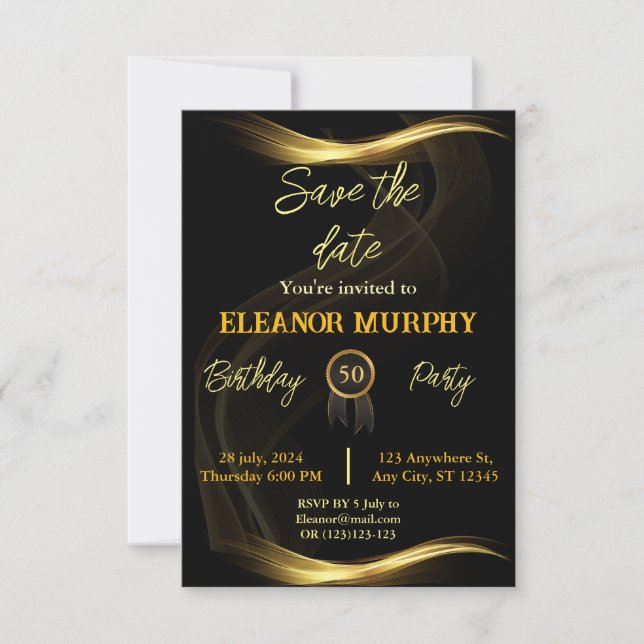 Invitation Enregistrer la date Black Gold 50e anniversaire (Devant)