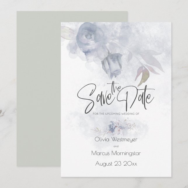 Invitation Enregistrer la date Bohemian Dusty Blue Floral (Devant / Derrière)