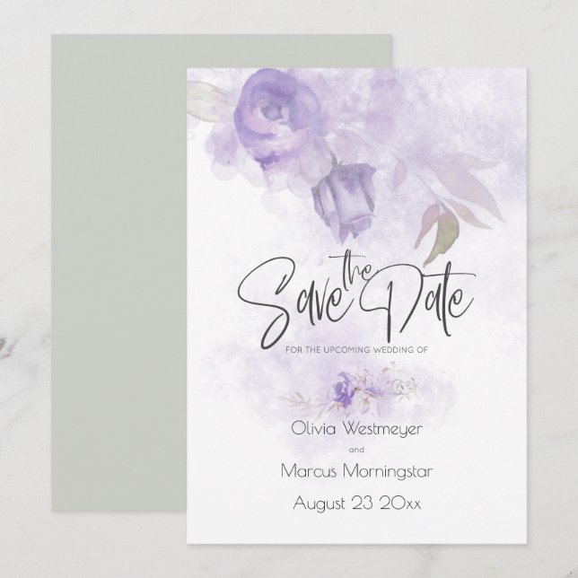 Invitation Enregistrer la date Bohemian Light Purple Floral (Devant / Derrière)