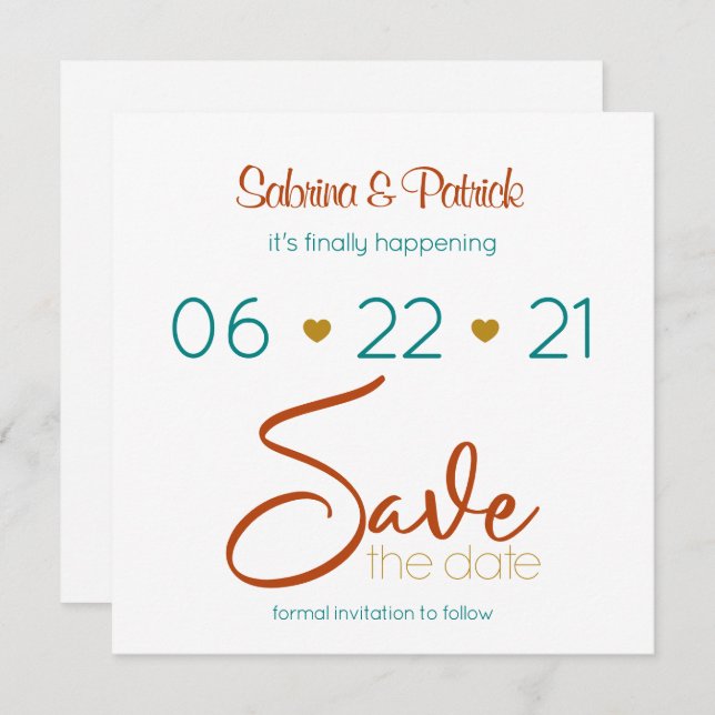 Invitation Enregistrer la date Bold Turquoise Rust Gold (Devant / Derrière)
