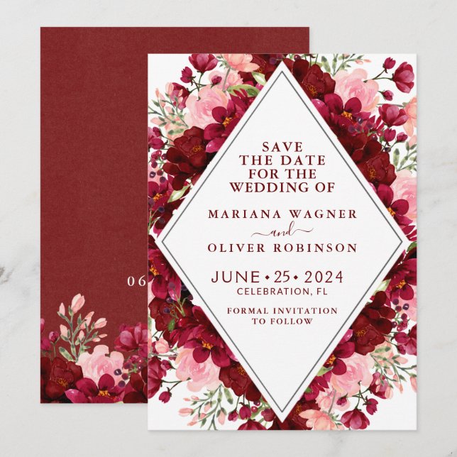 Invitation Enregistrer la date Burgundy et rose aquarelle Flo (Devant / Derrière)
