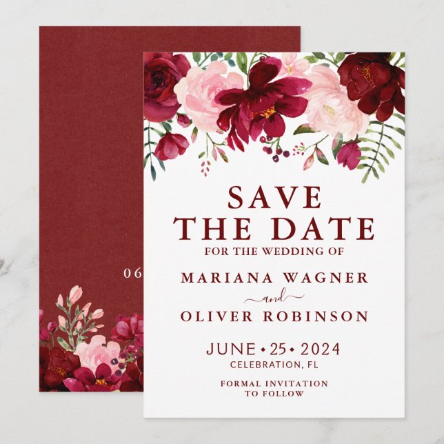 Invitation Enregistrer la date Burgundy Pink Aquarelle Floral (Devant / Derrière)