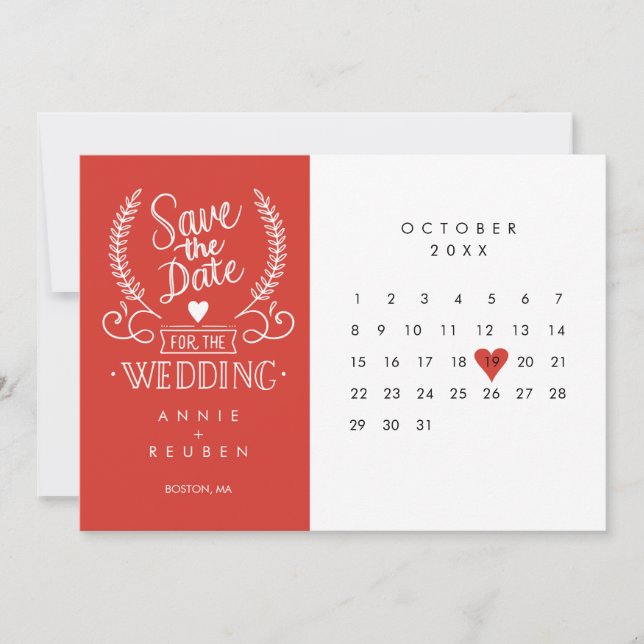 Invitation Enregistrer la date Calendrier Red Love Heart (Devant)