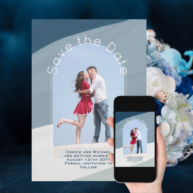 Invitation Enregistrer la date de tendance | Photo Dusty Blue (Créateur téléchargé)