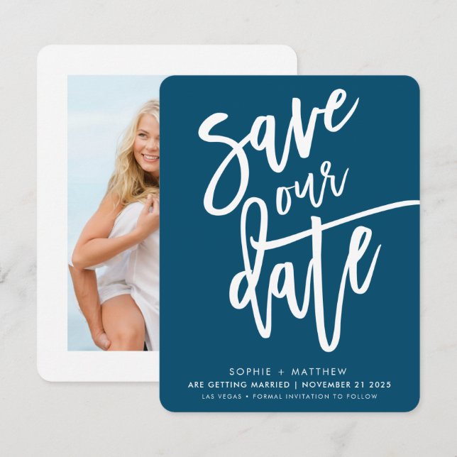 Invitation ENREGISTRER LA DATE écriture manuscrite bleu foncé (Devant / Derrière)