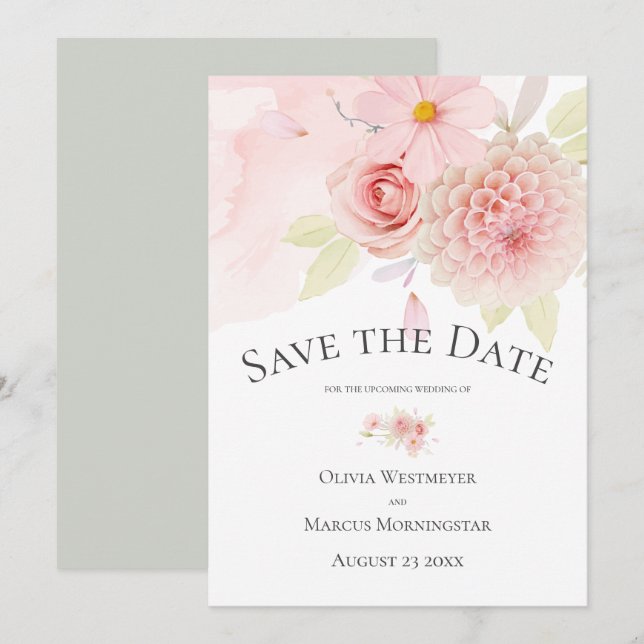 Invitation Enregistrer la date Floral Pale Blush rose (Devant / Derrière)
