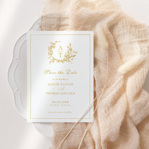 Invitation Enregistrer La Date Formal Crest Gold Script Card