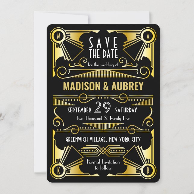 Invitation Enregistrer la date Gatsby Mariage Art Déco Gold N (Devant)