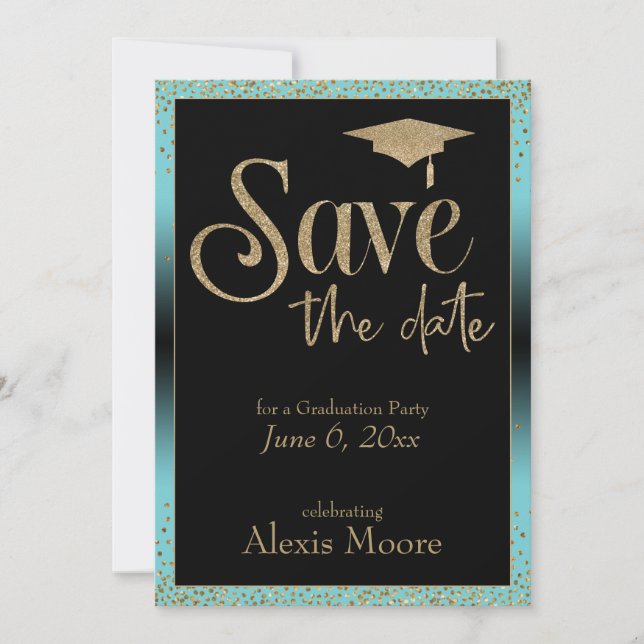 Invitation Enregistrer la date, Graduation Party Gold & Turqu (Devant)