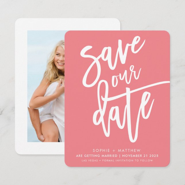 Invitation ENREGISTRER LA DATE manuscrit corail blanc encre (Devant / Derrière)