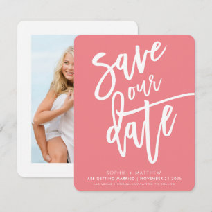 Invitation ENREGISTRER LA DATE manuscrit corail blanc encre