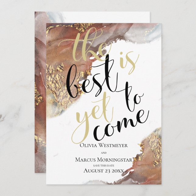 Invitation Enregistrer la date Marbled Encre or et bronze (Devant / Derrière)