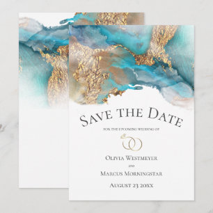 Invitation Enregistrer la date Marbre d'encre Turquoise et Or