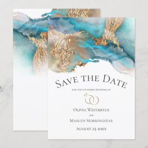 Invitation Enregistrer la date Marbre d'encre Turquoise et Or