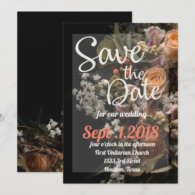 Invitation enregistrer la date moody floral, orange blanc flo (Devant / Derrière)