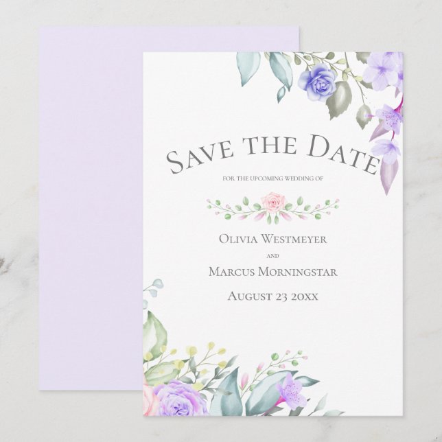 Invitation Enregistrer la date Pale Lilac et Rose Flowers (Devant / Derrière)