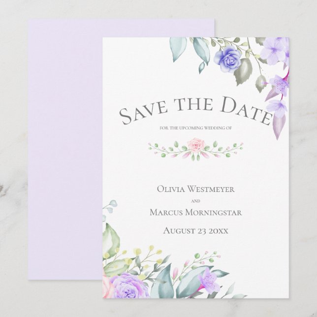 Invitation Enregistrer la date Pale Lilac et Rose Flowers (Devant / Derrière)