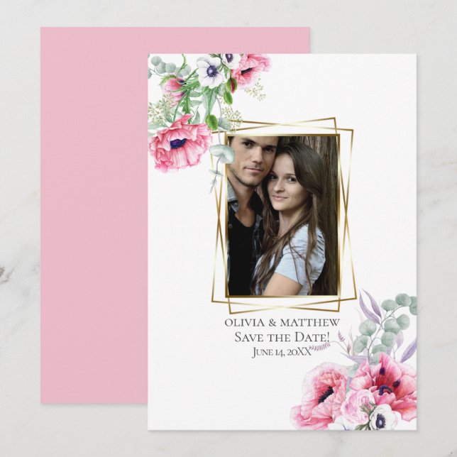 Invitation ENREGISTRER LA DATE | Pavot rose aquarelle (Devant / Derrière)