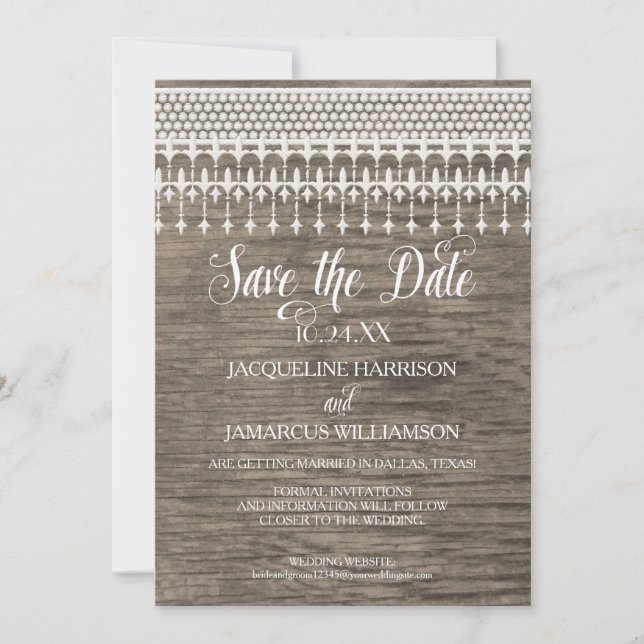Invitation Enregistrer la date Rustic Vintage dentelle grilla (Devant)