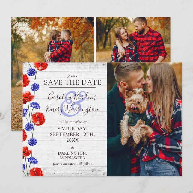 Invitation Enregistrer La Date Rustic Wood Red Poppy 4-Cartes (Devant / Derrière)