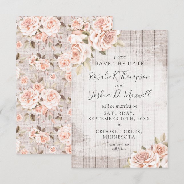 Invitation Enregistrer la date Rustic Wood & Romantic Rose Ca (Devant / Derrière)