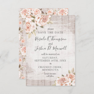 Invitation Enregistrer la date Rustic Wood & Romantic Rose Ca