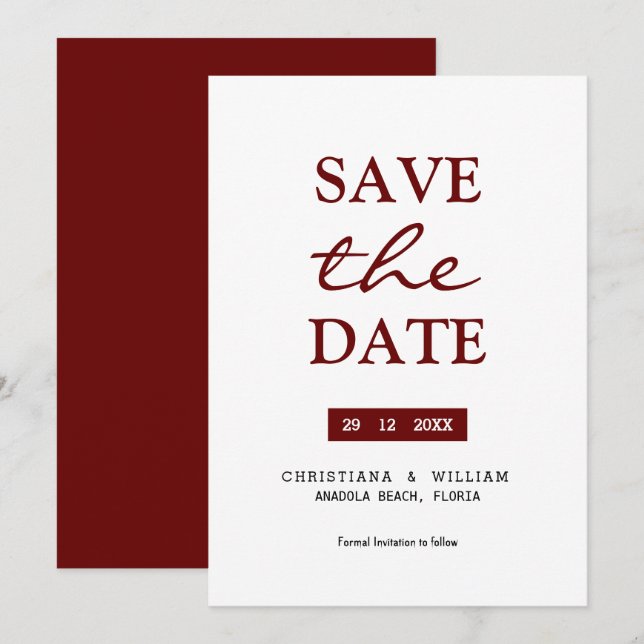 Invitation ENREGISTRER LA DATE' Texte simple rouge Bourgogne (Devant / Derrière)