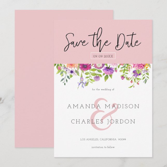 Invitation Enregistrer la date typographie moderne & Fleurs c (Devant / Derrière)