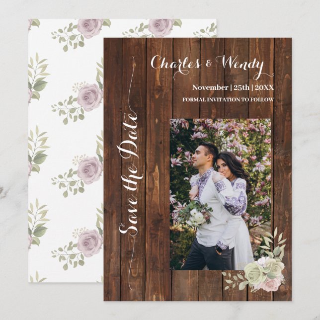 Invitation Enregistrer le pays de date Roses violets (Devant / Derrière)