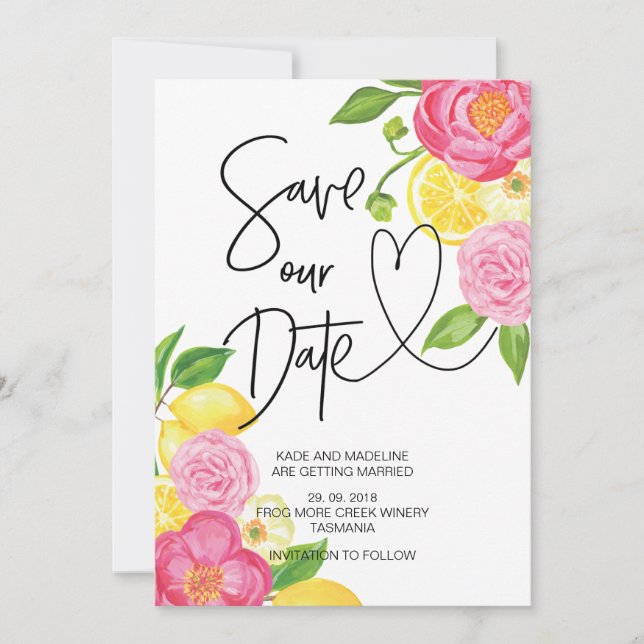 Invitation Enregistrez notre date Mariage floral rose et citr (Devant)