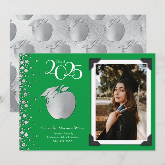 Invitation Enseignant Éducation Silver Graduation Green (Devant / Derrière)