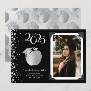 Invitation Enseignant Éducation Silver Graduation Noir