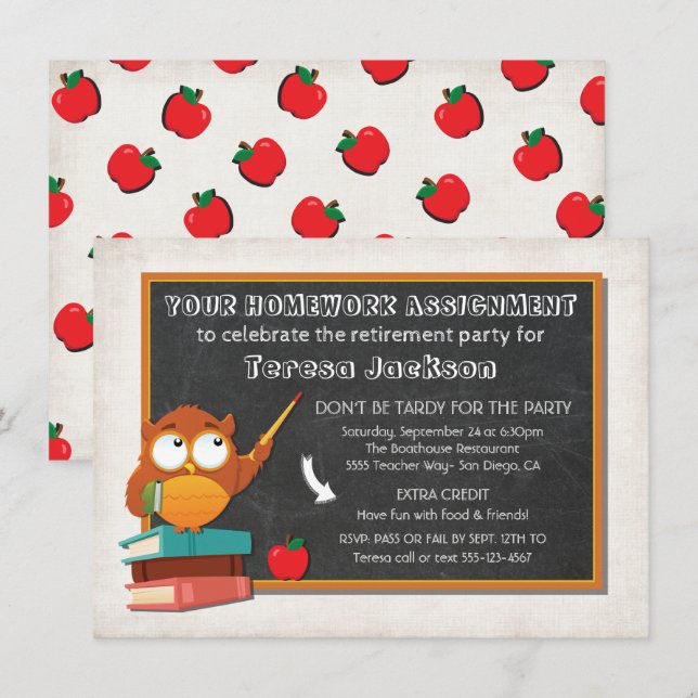 Invitation Enseignant Owl avec l'invitation de la fête de tab (Devant / Derrière)